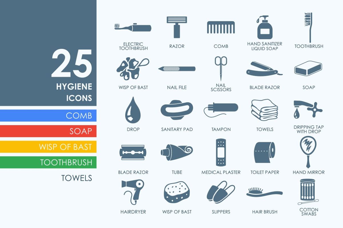 简单的日常护理工具图标 25 hygiene icons