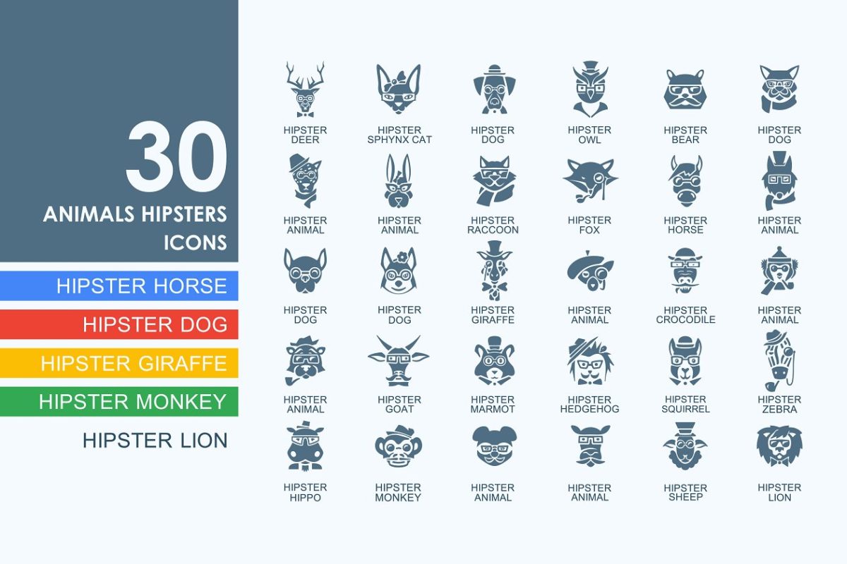 动物潮人图标素材 30 animal hipsters icons