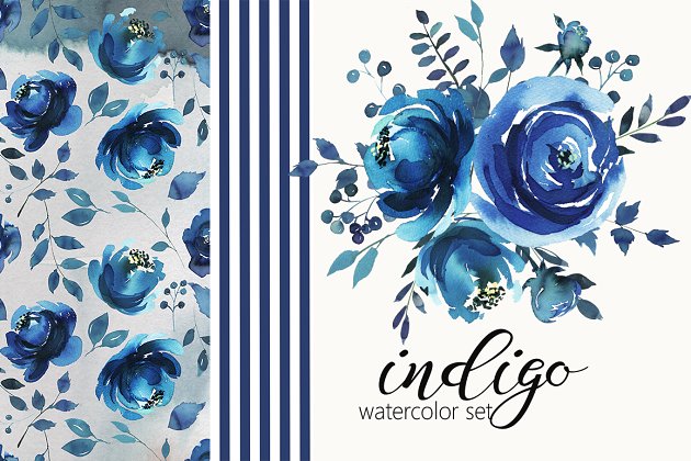 靛蓝水彩花卉 Indigo Blue Watercolor Flowers Set