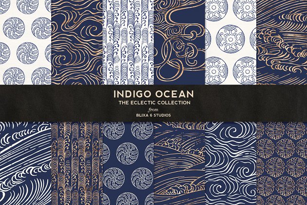 日式烫金海洋背景纹理 Indigo Ocean of Gold Japanese Waves