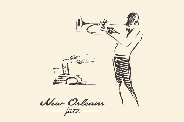 爵士音乐演奏素描插画 New Orleans jazz