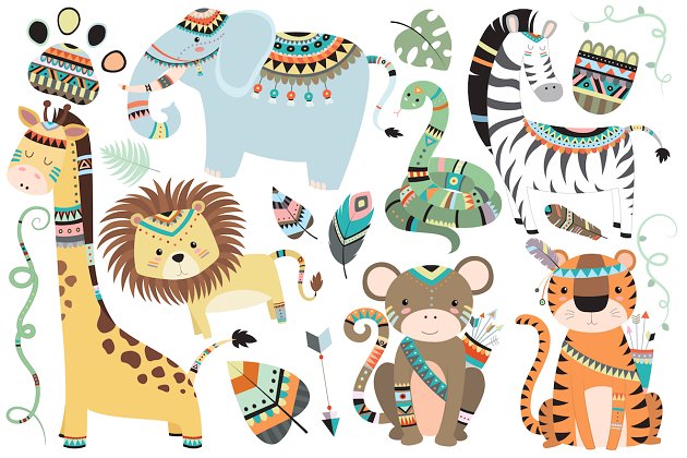 可爱的装饰性卡通动物素材 Tribal Jungle Animals Vector & PNG