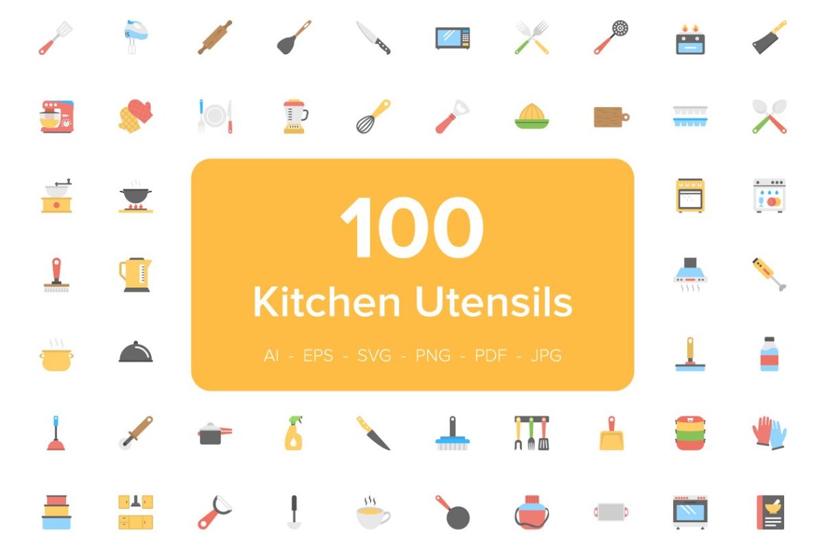 厨房UI矢量图标 100 Kitchen Utensils Flat Icons