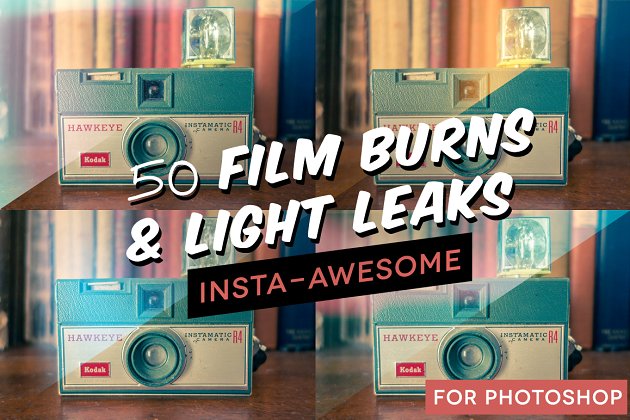 电影光线效果图层 50+ Film Burns & Light Leaks