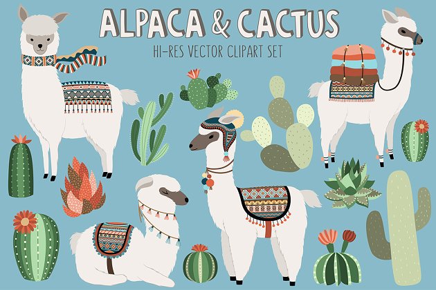 美洲驼和仙人掌插画 Llama and Cactus Clipart Bundle