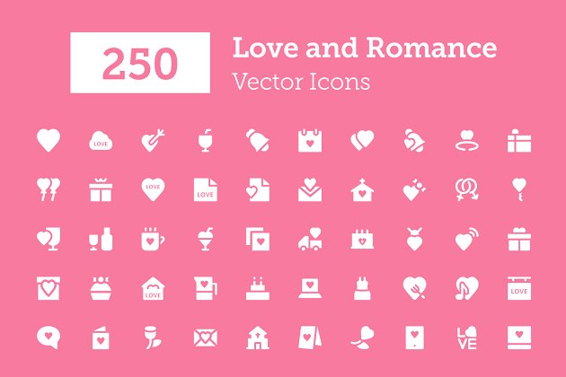 爱情和浪漫矢量图标设计 250 Love and Romance Vector Icons