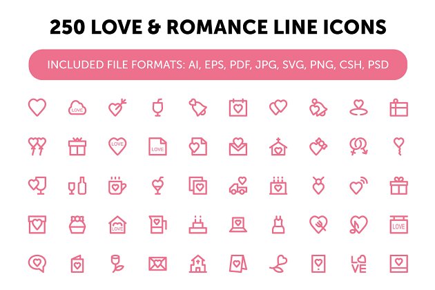 250个爱情和浪漫的线条图标设计 250 Love and Romance Line Icons