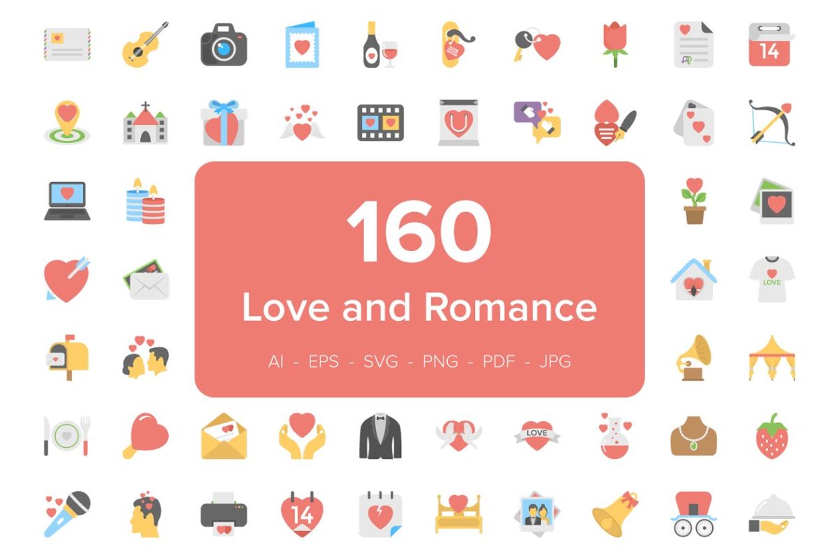 浪漫的爱情图标素材 160 Love and Romance Flat Icons