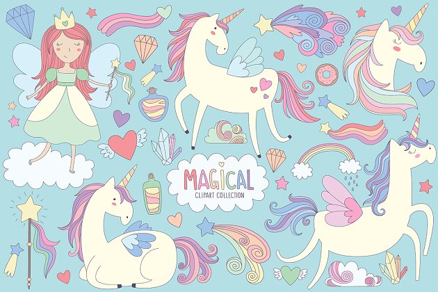 魔法独角兽魔幻设计素材元素合集 Unicorns & Magical Design Elements