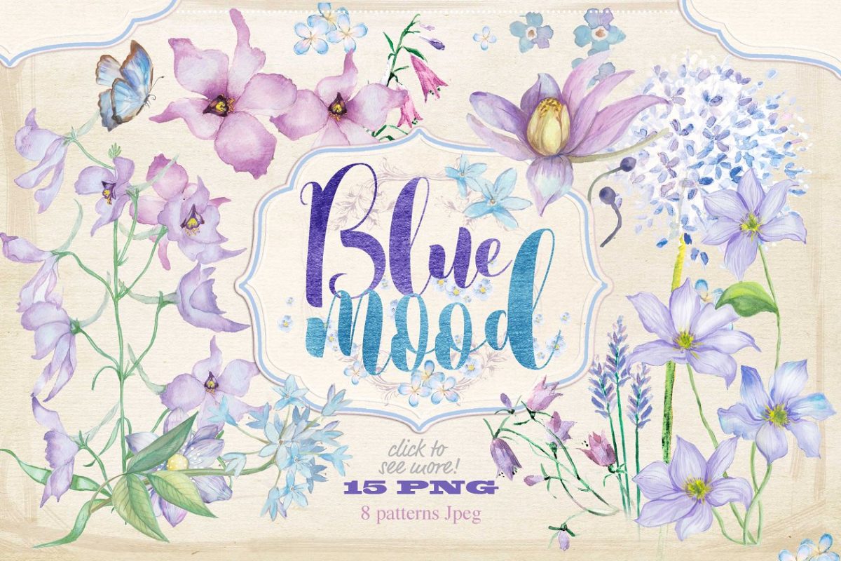 蓝色花卉插画集 Floral collection "Blue mood"