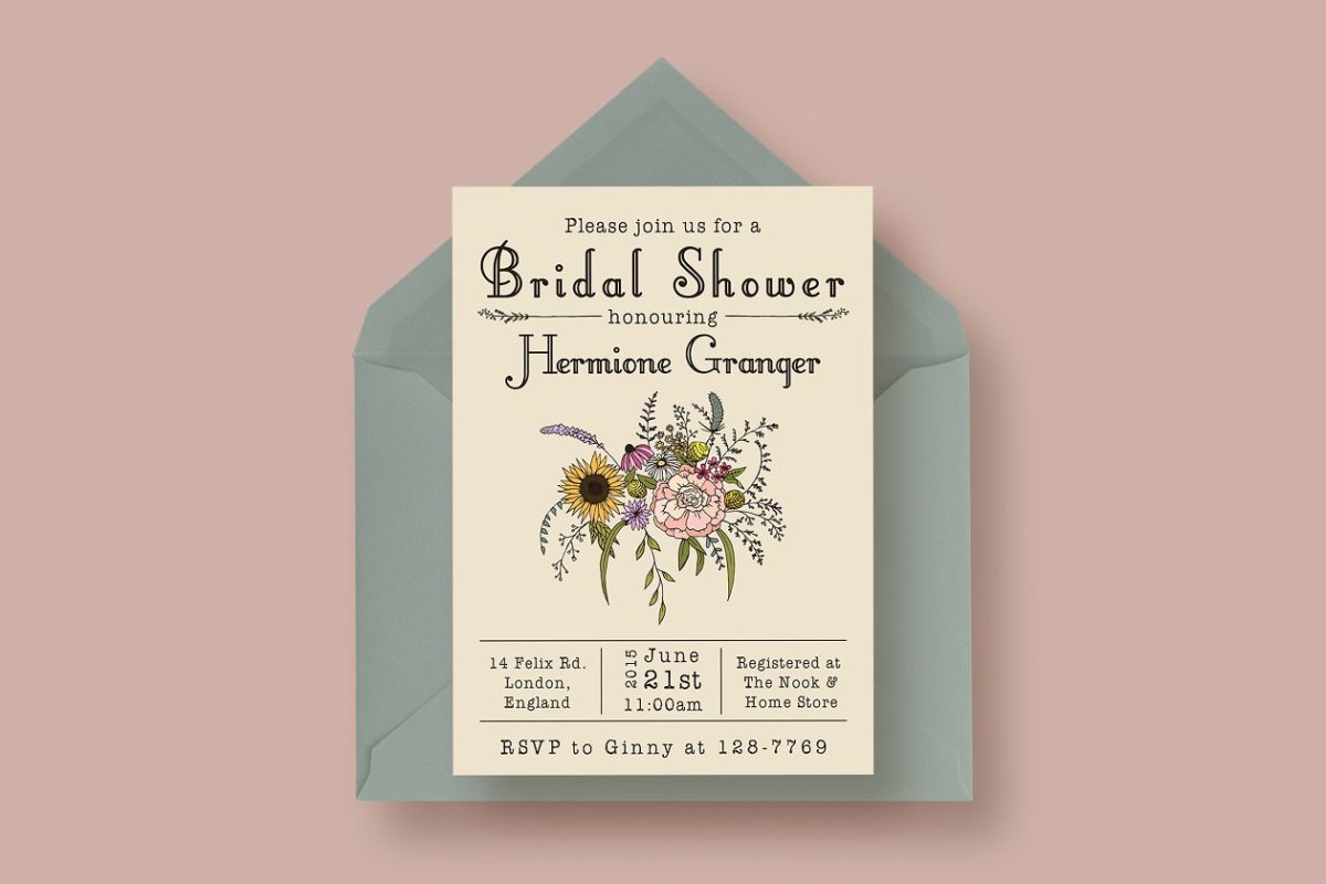 花卉婚礼邀请函模板 Wildflower Bridal Shower Invitation