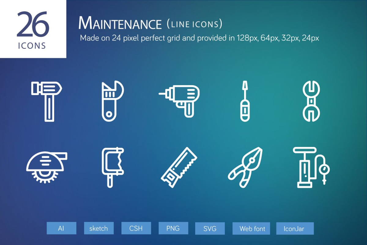 维修工具图标素材 26 Maintenance Line Icons