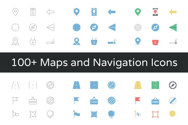 100种地图导航矢量图标 100+ Maps and Navigation Vector Icon