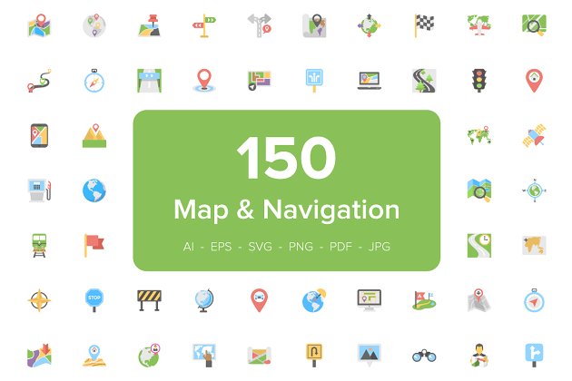 地图和导航平面图标素材 150 Map and Navigation Flat Icons