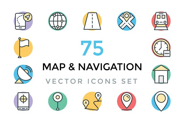 地图和导航矢量图标素材 75 Maps and Navigation Vector Icons