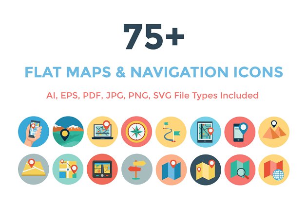 地图导航网站图标素材 75+ Flat Maps and Navigation Icons