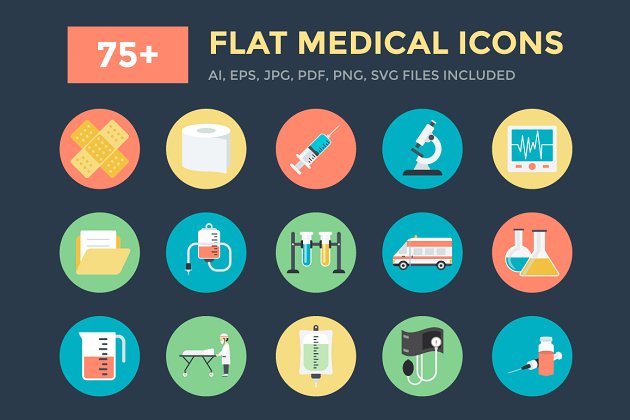 75+平面医学矢量图标 75+ Flat Medical Vector Icons