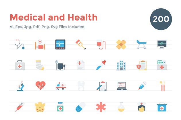 200个扁平的医疗和健康图标下载 200 Flat Medical and Health Icons