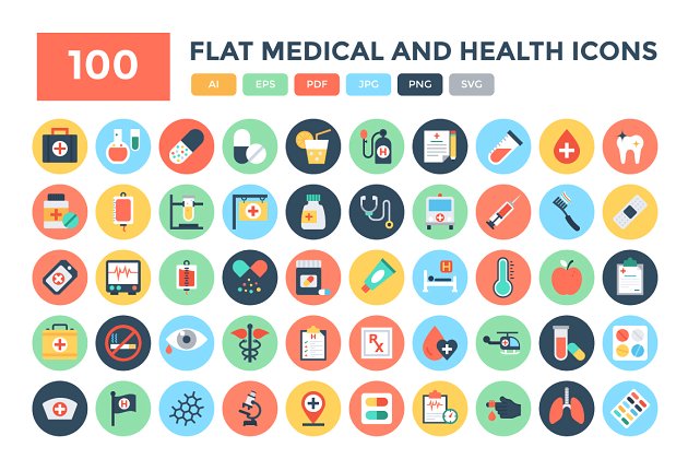 医学和健康图标素材 100 Flat Medical and Health Icons