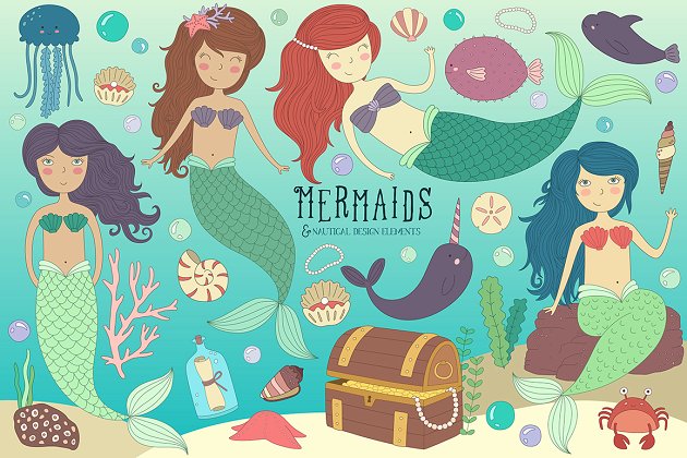 美人鱼和海洋生物主题的素材 Mermaid & Sea Life Clipart Bundle