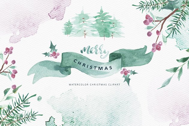 圣诞节水彩剪贴画包 Merry Christmas Watercolor Bundle