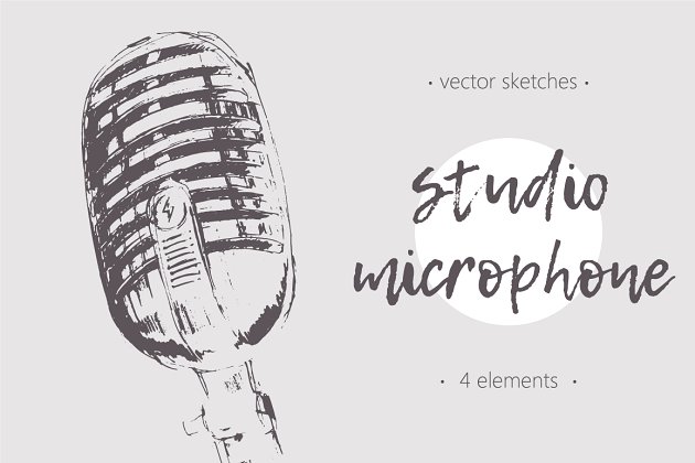 一套录音室麦克风插画 Set of studio microphones
