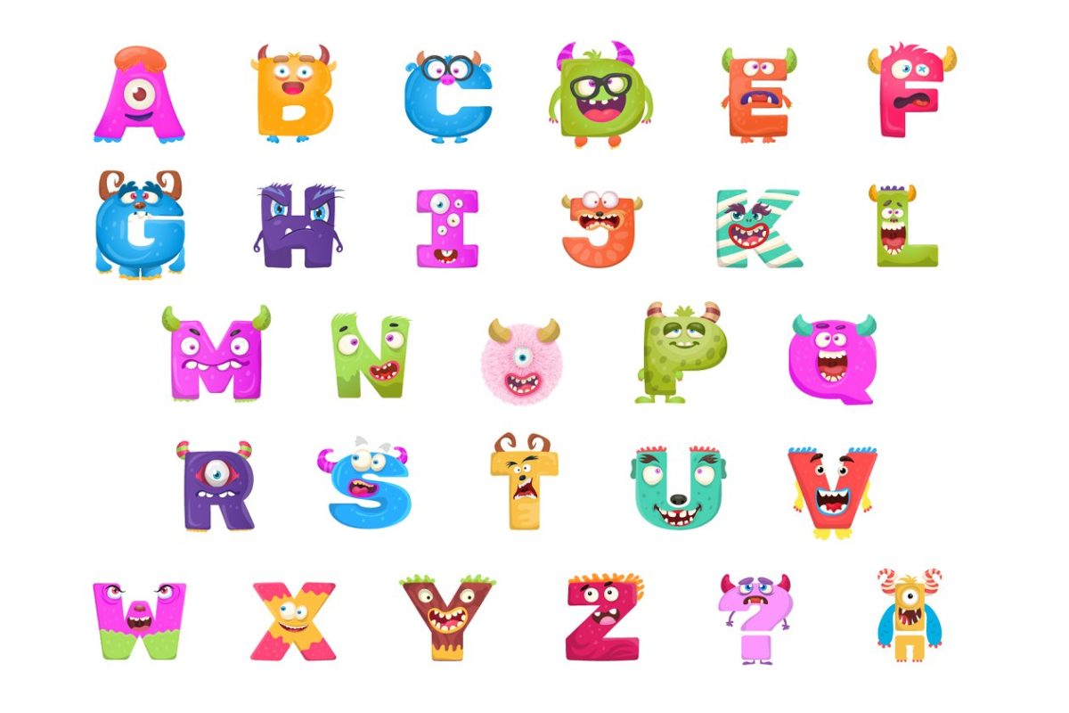 创意卡通动物设计字体 Cute Alphabets and Numbers Monsters