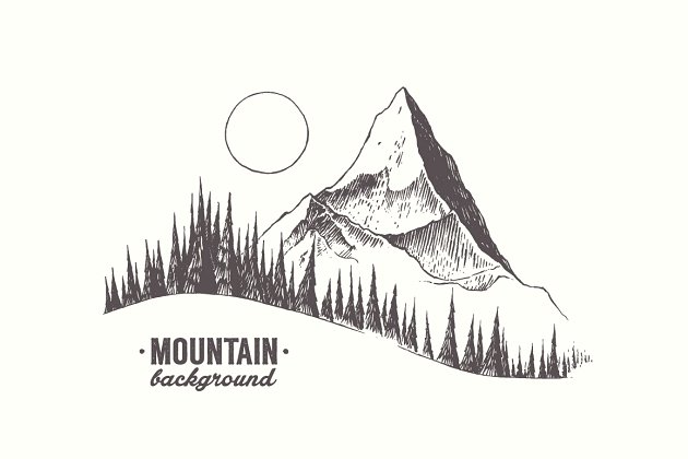 大山素描插画 Mountain with a fir forest and moon