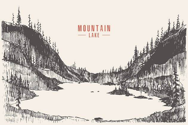 湖水素描插画 Lake with pine forest