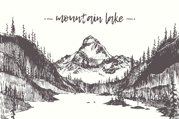 湖水素描插画 Illustration of a mountain lake