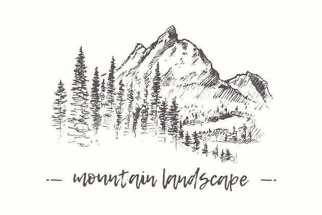 大山的插画 Mountain slopes with a pine forest
