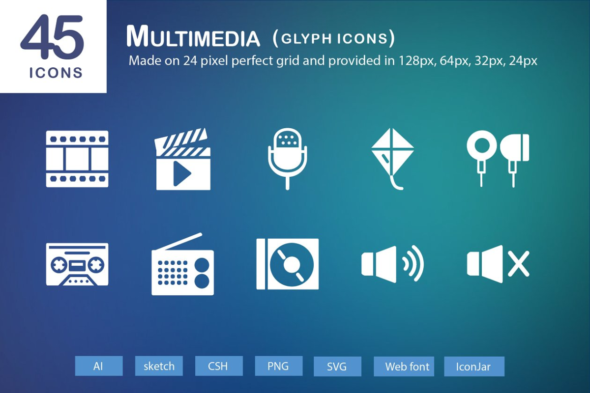 45个多媒体字形图标 45 Multimedia Glyph Icons