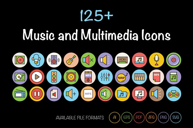 125+个音乐媒体图标 125+ Music and Multimedia Icons