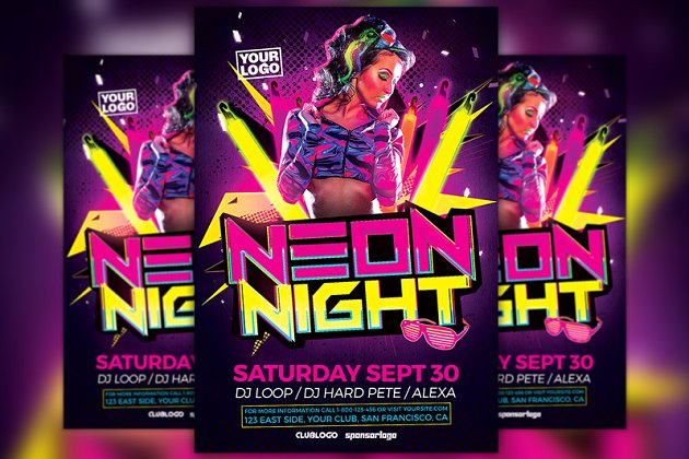 霓虹灯派对宣传单模板 Neon Party Flyer Template