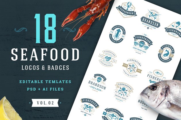 海鲜食物logo设计素材模板 18 Seafood Logos & Badges