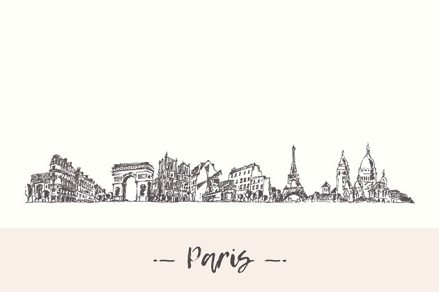 巴黎素描插画 Paris skyline, France