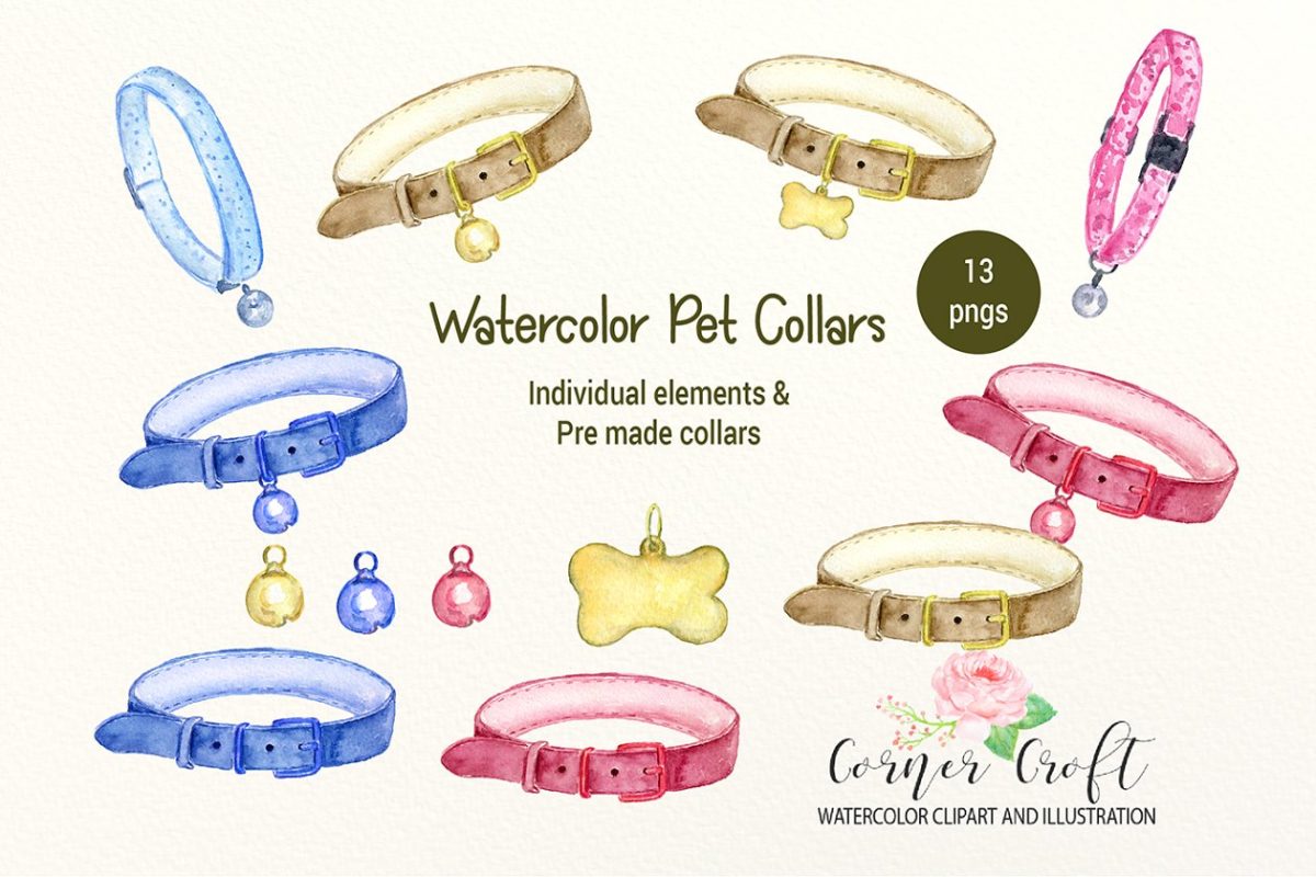 水彩宠物项圈插图 Watercolor Pet Collar Illustration