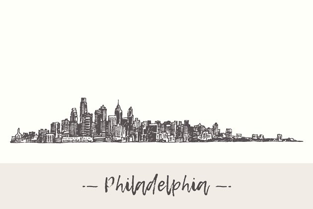 天际线素描插画 Philadelphia skyline, USA