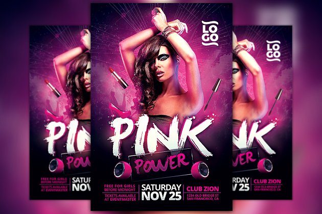 粉红色的力量派传单海报模板 Pink Power Party Flyer Template