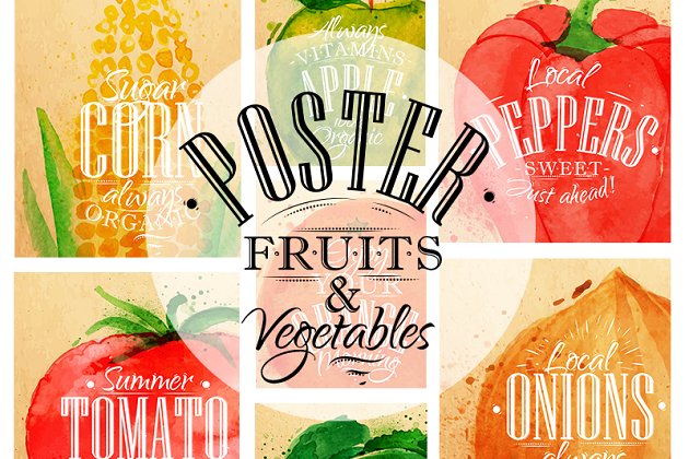 水彩水果蔬菜插图 Poster Fruits & Vegetables