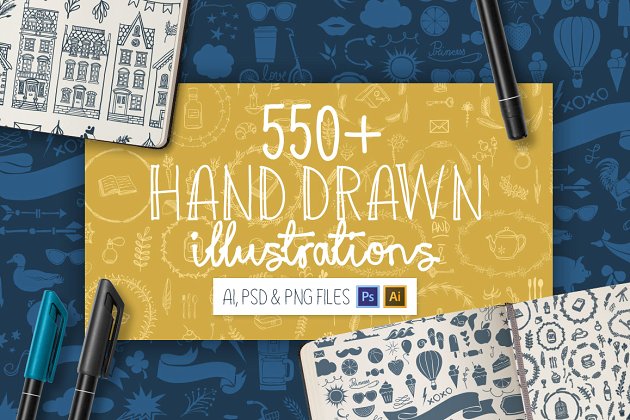 手绘矢量插画图案 550+ Hand Drawn Illustrations