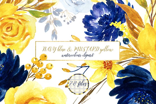 深蓝色芥末水彩花卉 Navy blue & mustard yellow flowers