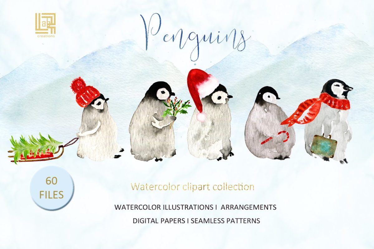 企鹅水彩插画 Penguins. Watercolor illustrations