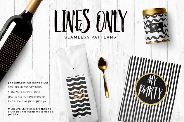黑白线型笔刷 Black & White Brushed Lines Patterns