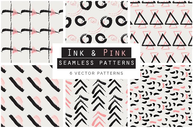 墨水手绘无缝背景纹理 Ink & Pink Seamless Patterns
