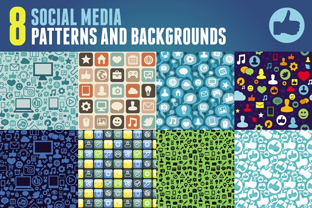 8种社交网站图标组合成的背景纹理图案 8 patterns with social media icons
