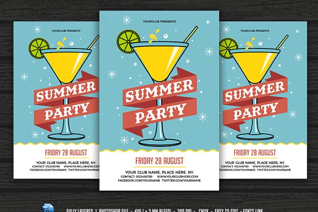 鸡尾酒海报设计模板 Summer Party / Cocktail Party flyer
