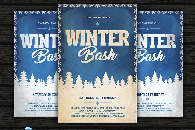 经典的冬季主题海报模板 Vintage Winter Bash Flyer