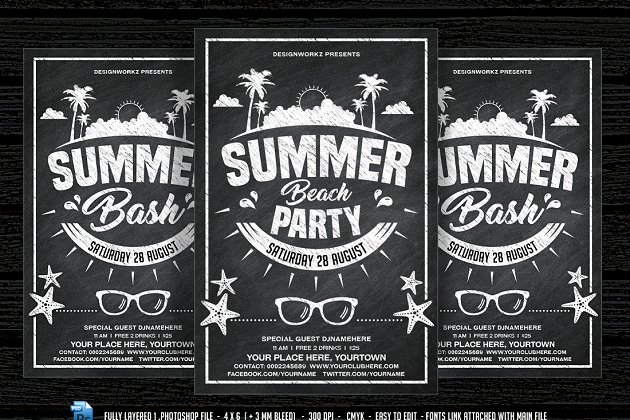 粉笔夏天海滩海报模版 Chalkboard Summer Beach Party