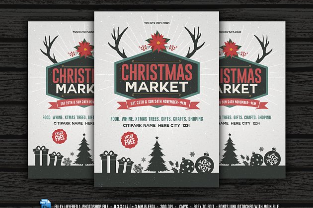 圣诞节素材海报设计插画 Christmas Market Flyer